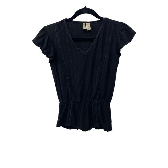 Japna Ruffled Short Cap Sleeve V Neck Peplum Blouse Pullover Black Women's Small - Picture 1 of 7